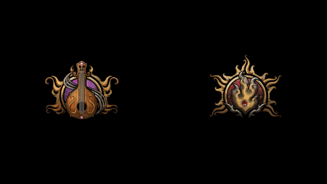 The BG3 class symbols for Bard, a lute, and Sorcerer, a magic flame, on a black background.