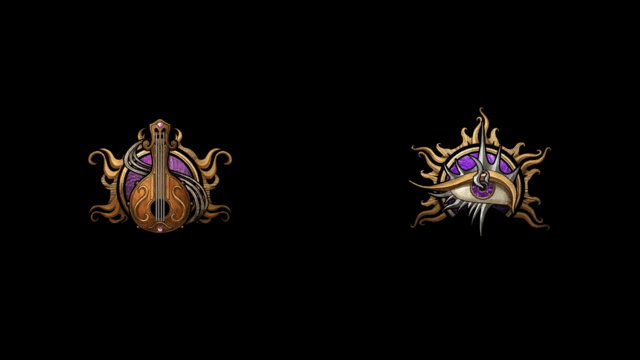 The BG3 class symbols for Bard, a lute, and Warlock, an eye, are shown on a black background.