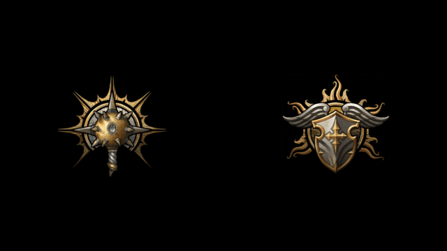 The BG3 symbols for Cleric, a morningstar, and Paladin, a winged shield, sit on a black background.