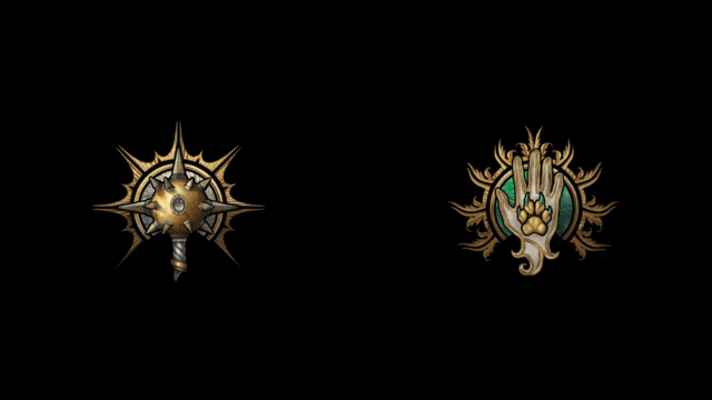 The BG3 symbols for Cleric, a morningstar, and Ranger, a paw in a palm, sit on a black background.