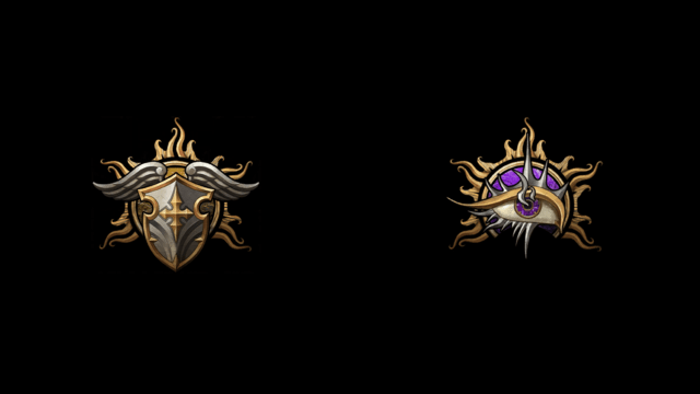 The BG3 symbols for a Paladin (a shield with wings) and the Warlock (an eye with arcane energy) sit on a black background.
