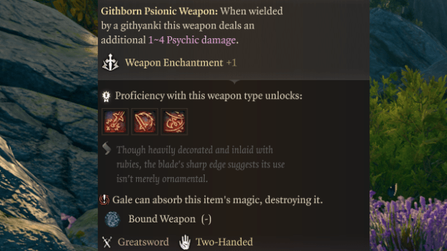 The text for a Githyanki Greatsword sits in front of the natural environment of the level up screen in BG3.
