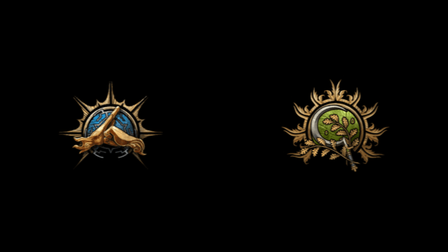 The BG3 image of a Monk, a fist in a palm, and a Druid, a sickle and twig, sit on a black background.