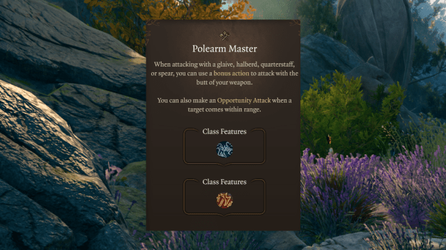 The features for the Polearm Master feat sit on a serene natural background in BG3.