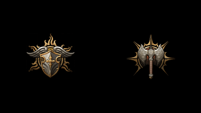 The BG3 symbols for a Paladin (a winged shield) and a Barbarian (greataxe) sit on a black background.
