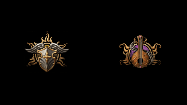 The BG3 symbols for a Paladin (winged shield) and a bard (guitar) sit on a black background.