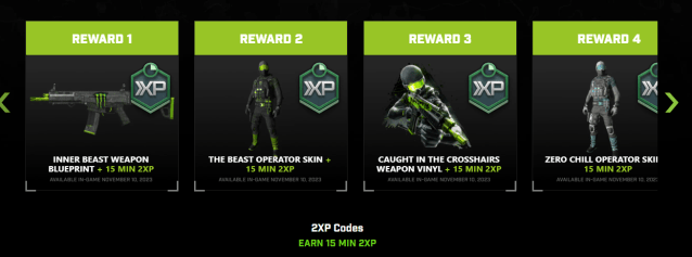 A screenshot showing the rewards earned from the Monster Energy MW3 Promotion.