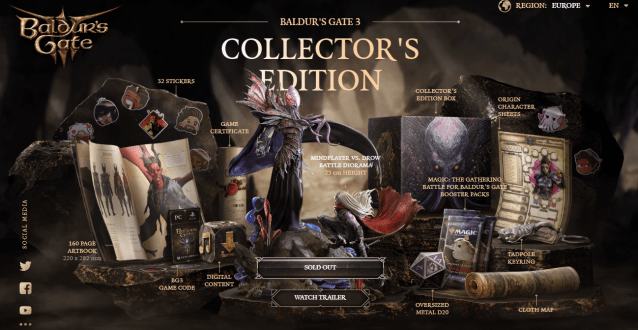 A screenshot of the Larian store for Baldur's Gate 3 showing the collector's edition sold out.