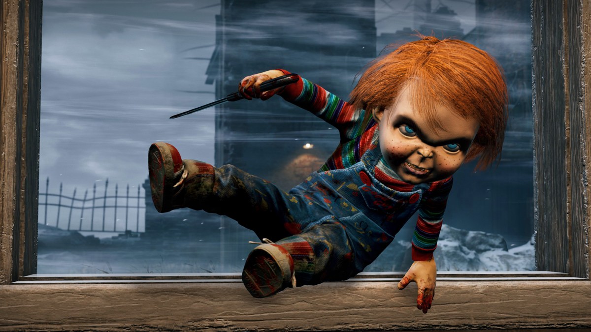 Chucky leaping through a window with a knife.