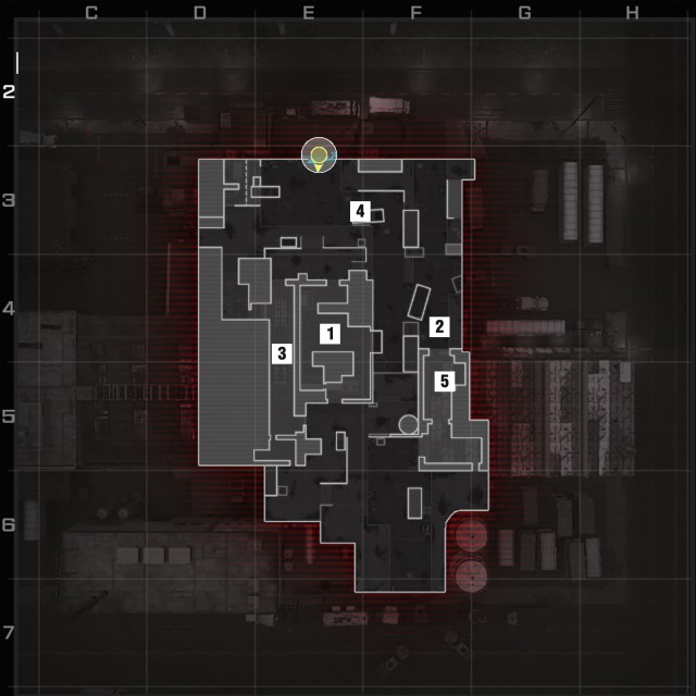 An overhead shot of Meat in Modern Warfare 3 with the five hardpoints marked in order.