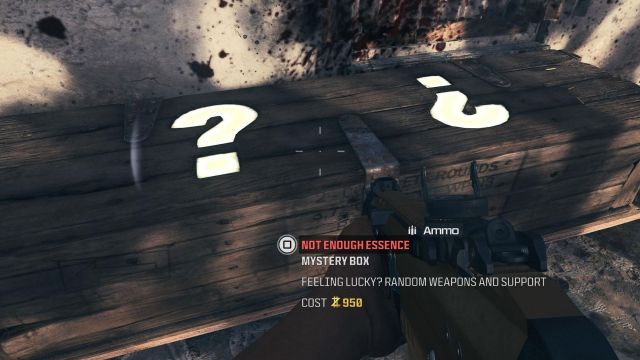 A Mystery Box, a wooden crate with question marks on top, sitting on the ground in MW3 Zombies.