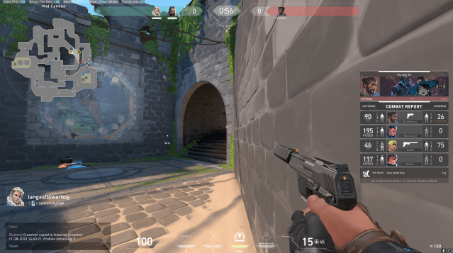A player using the copy crosshair command in a VALORANT lobby.