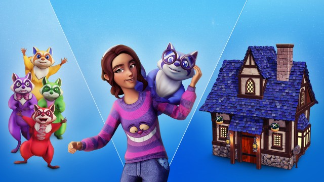 Five raccoons, a player in a Cheshire Cat sweater, and a Purple Cottage.