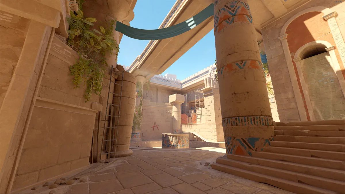The A bombsite on Anubis, an Egyptian temple map in Counter-Strike 2,