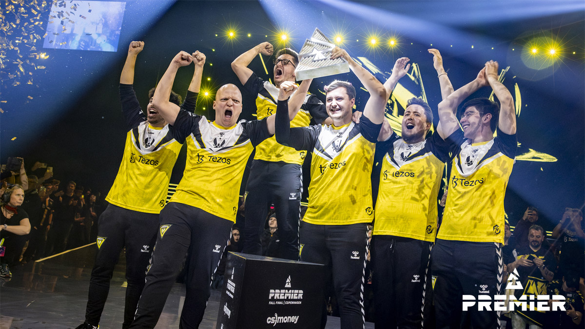 Team Vitality, a Counter-Strike 2 team, celebrate its win with a trophy lift at BLAST Premier Fall Final 2023.