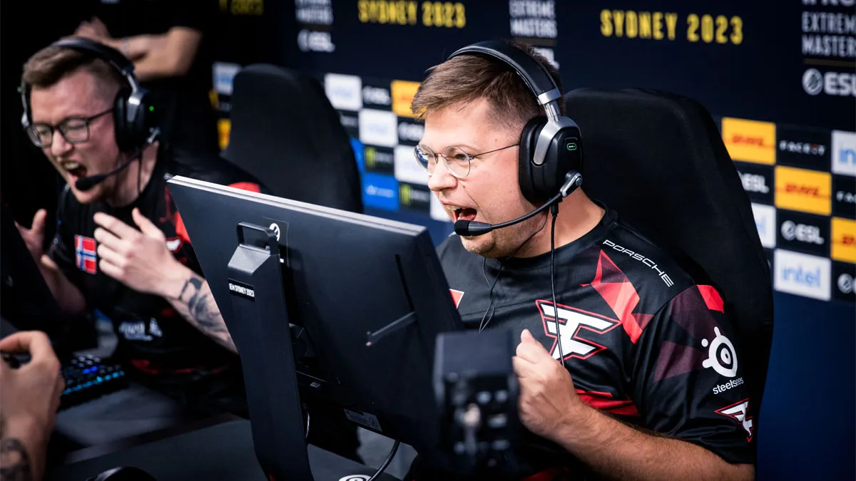 Karrigan, a player for FaZe Clan, cheers after winning a round at IEM Sydney.