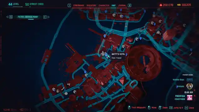 Batty's Hotel fast travel point on the Cyberpunk 2077 map