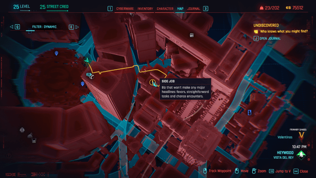 Cyberpunk 2077's game map, showing the location of the Only Pain side quest.