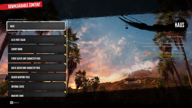 A screenshot of the Haus DLC section of the main menu in Dead Island 2