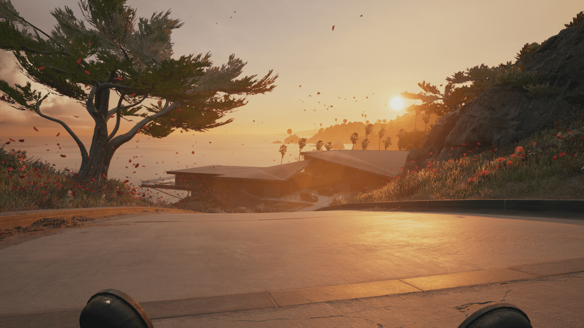 A sunset overlooking a mansion in Dead Island 2.