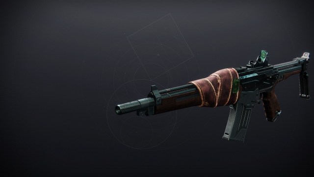 The Breakneck auto rifle hovers in the weapon inspect screen. A belt of leather is wrapped around the back of the gun's barrel.