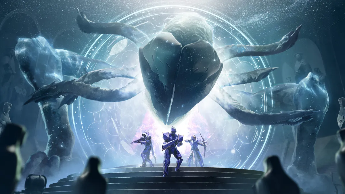 Three guardians are standing in front of an Awoken portal. The head and tentacles of an Ahamkara are coming through the portal behind them.