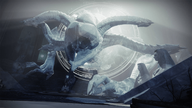 An apparition of the Ahamkara, Riven, is materializing through an Awoken portal. Only her head and front legs are visible.