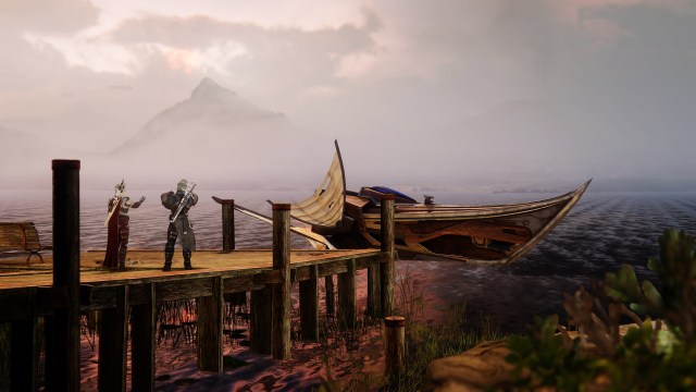 Two Guardians stand on a jetty looking at an exotic boat in Destiny 2.