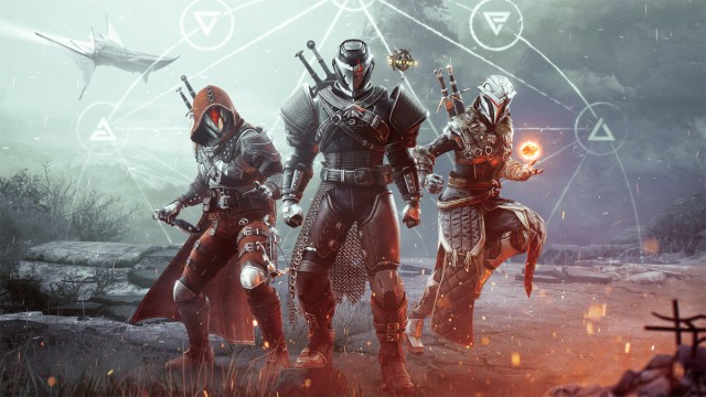 Three Guardians stand in promotional armor from The Witcher in Destiny 2.