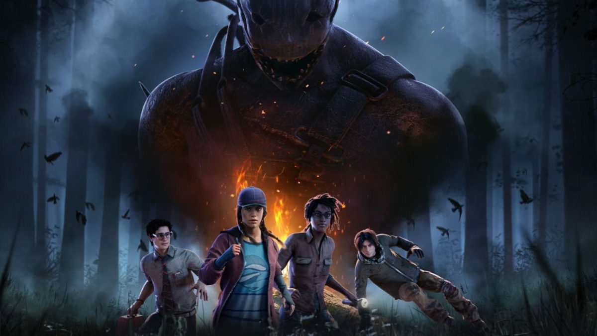 Four survivors running from a killer in Dead by Daylight.