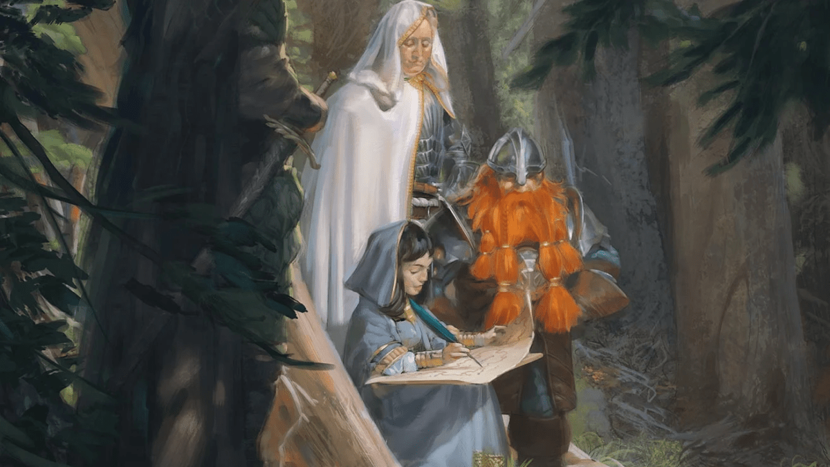A Halfling woman reads from a book, a dwarf and taller woman looking over her shoulder while a tall man sits in the foreground in DnD 5E. All of them are in a forest.