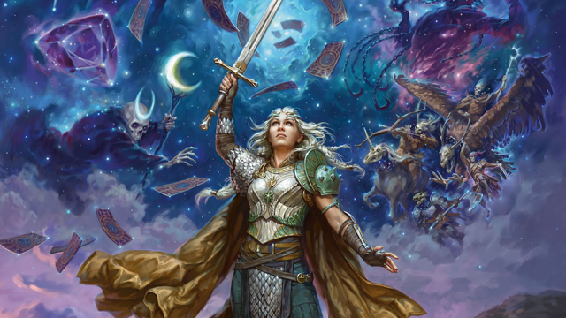 A woman in metal armor and a large cape holds a sword up in the air as cards rain from the sky in DnD 5E.