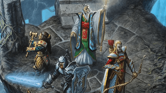 A party of four sit on a stone dias—a dwarven Paladin, a human Fighter, a Human Wizard, and elven Ranger—as they search for something in DnD 5E.