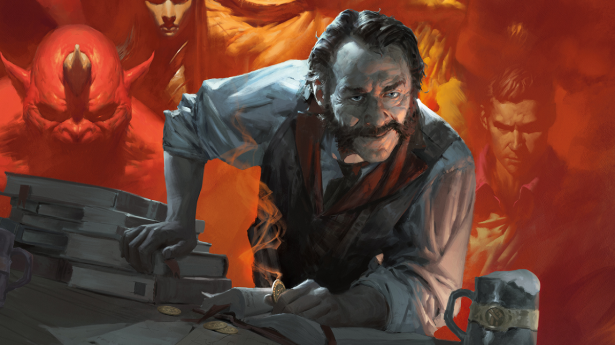 A man with a trimmed mustache and a yellow vest rests an arm on a table, multiple images of villains behind him, in DnD 5E.