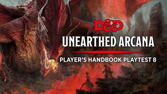 The thumbnail for Playtest 8 of DnD Unearthed Arcana's Player Handbook, featuring a large red dragon and a pair of adventurers across a fiery crevasse.