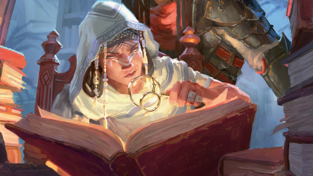A woman in a white robe reads a book with a magnifying glass in DnD 5E,
