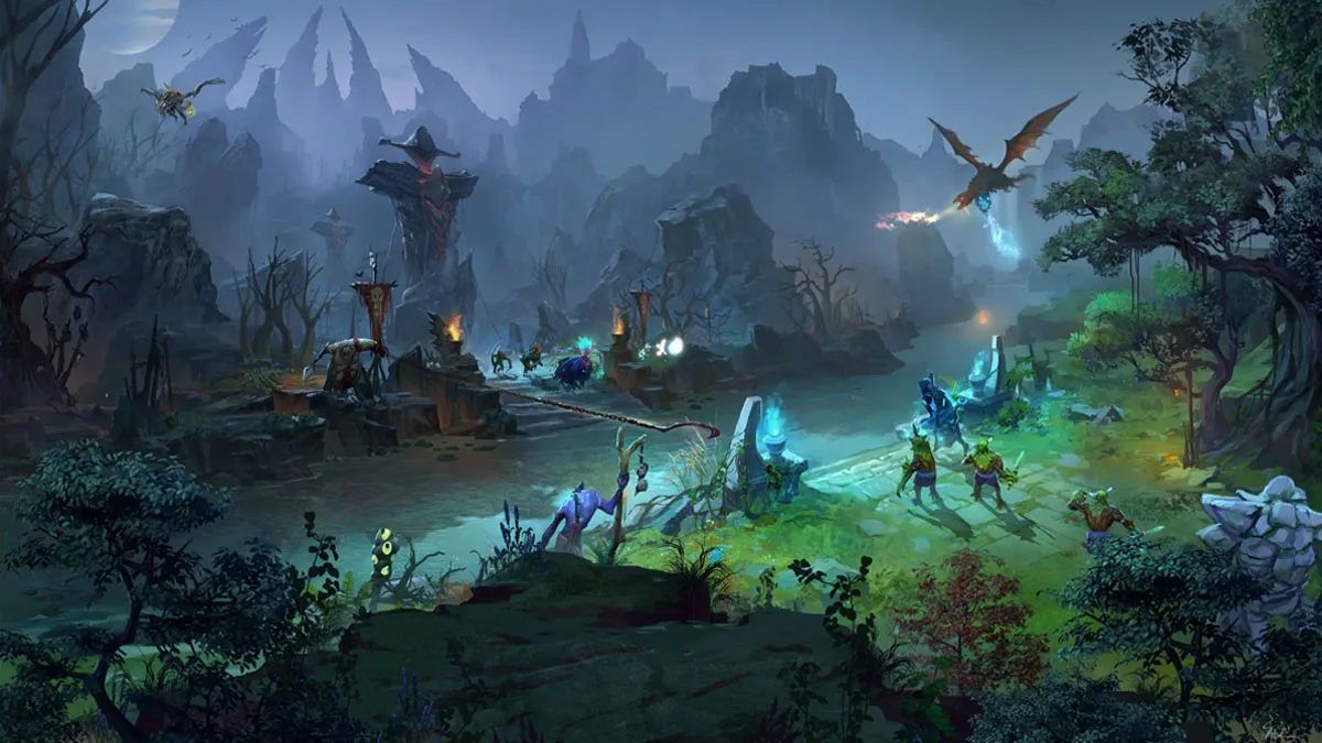 The river and banks in Dota 2 with an assortment of heroes doing battle in the darkness.