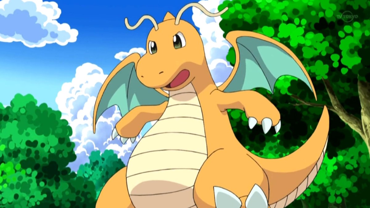 Dragonite, a dragon-like Pokemon, stands ready for battle in a forest.