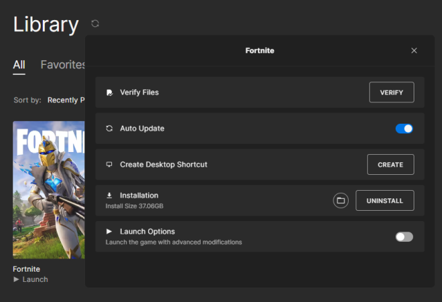 The Verify Files option in the Epic Games Launcher.