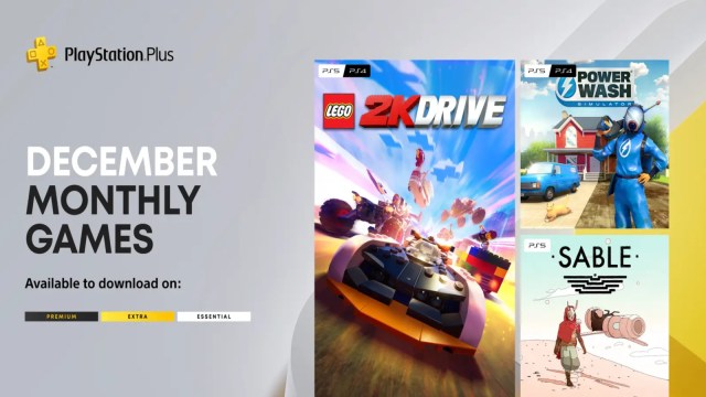 A promotional image for PS Plus showing Lego 2K drive, Powerwash Simulator, and Sable.