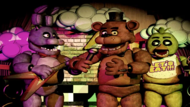 Original cast of mascots: Freddy, Bonnie, and Chica on Fnaf 1 stage