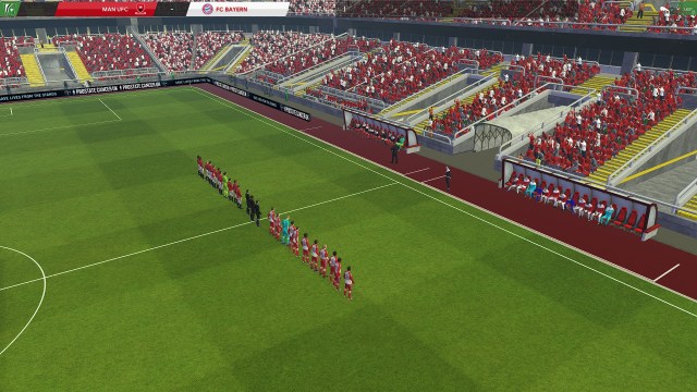 Manchester United and Bayern Munchen players in a line before a match in Football Manager 2024
