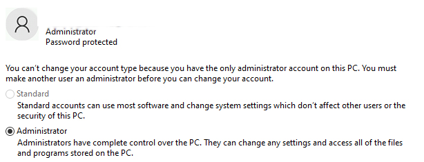 A screenshot showing Windows 10's Adminstrator settings.
