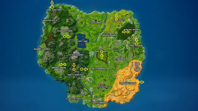 Image showing all gnome locations in Fortnite OG map.