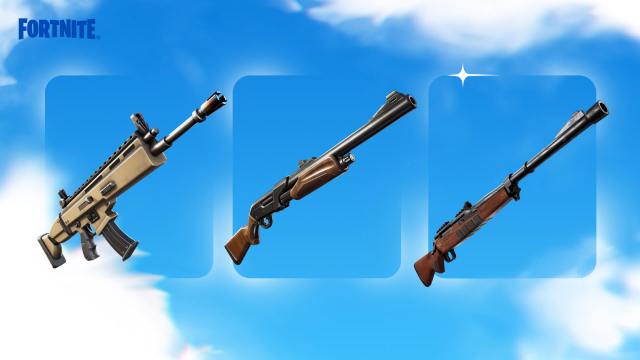 Fortnite's Assault Rifle, Pump Shotgun, and Hunting Rifle against a blue background.