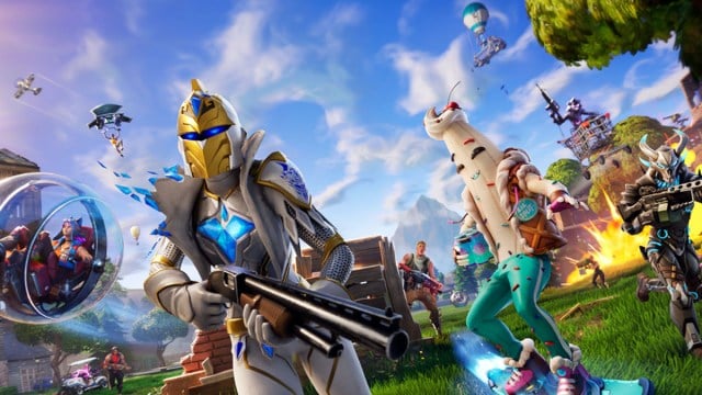 An assortment of characters from Fortnite group up and run together on the map with various transportation methods.