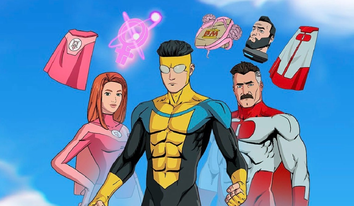 A screenshot of Invincible characters Invincible, Atom Eve, and Omni Man in Fortnite.