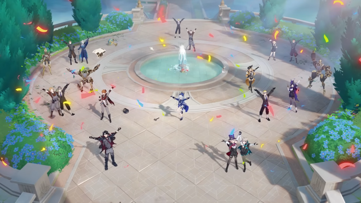 Furina standing with her arms in the air plus many other playable characters and enemies all gathered around a fountain posing after performing.