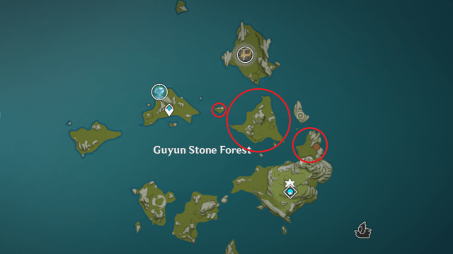 A map of Guyun Stone Forest with staff-wielding enemy locations marked.