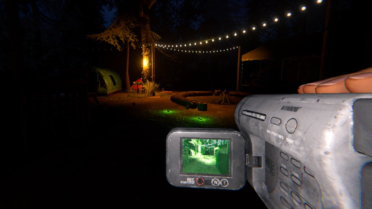 A player recording outside on the Camp Woodwind map in Phasmophobia.
